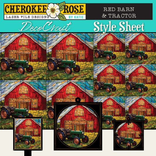 DecoCraft - Elevated Texture - Cherokee Rose - Realistic Stained Glass - Red Barn & Tractor