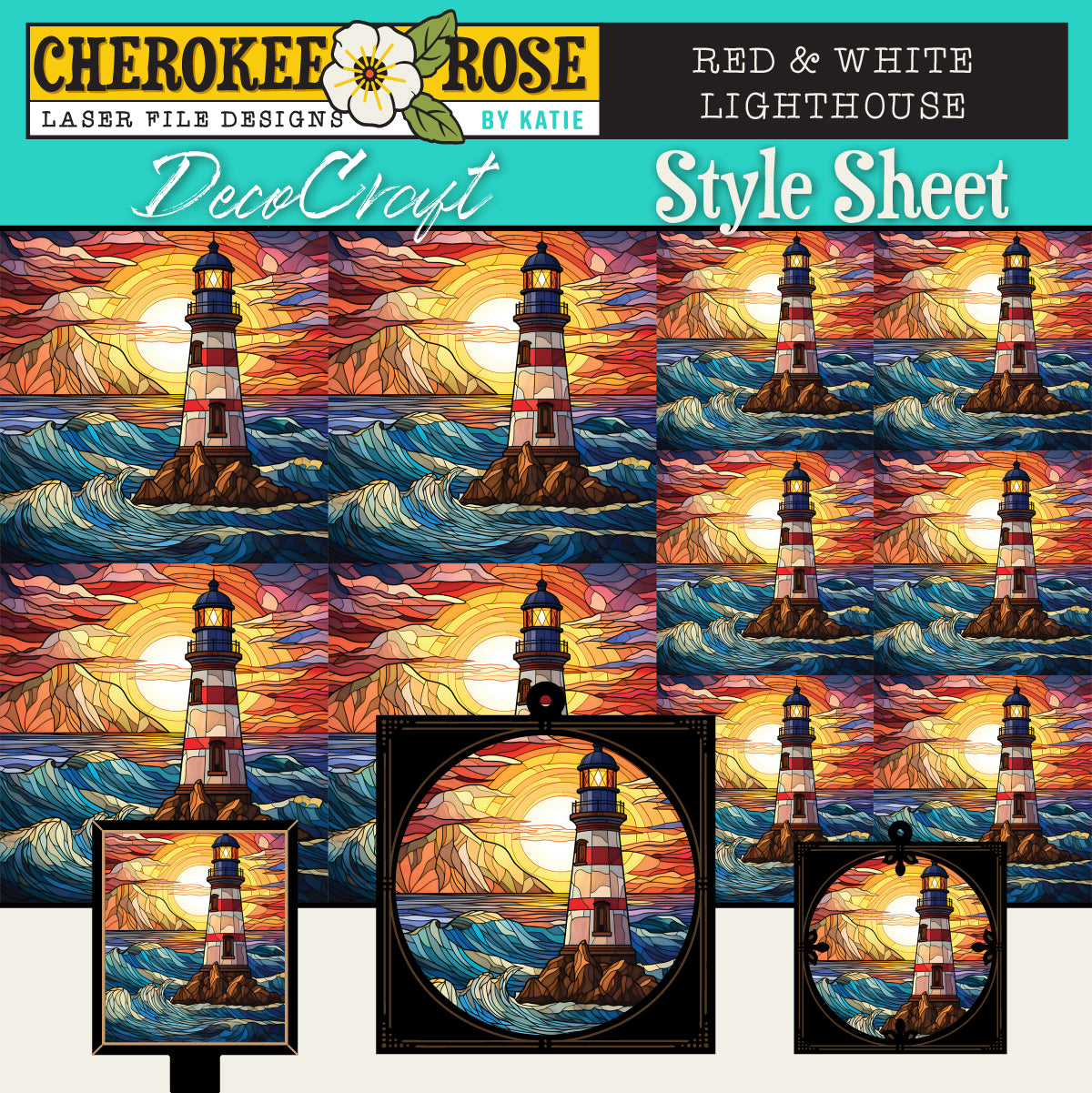 DecoCraft - Elevated Texture - Cherokee Rose - Realistic Stained Glass - Red & White Lighthouse