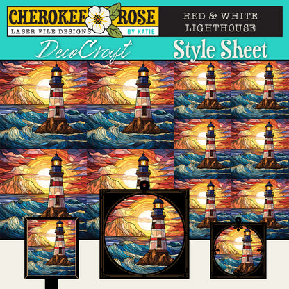 DecoCraft - Elevated Texture - Cherokee Rose - Realistic Stained Glass - Red & White Lighthouse
