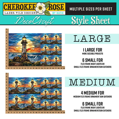 DecoCraft - Elevated Texture - Cherokee Rose - Realistic Stained Glass - Stone Lighthouse