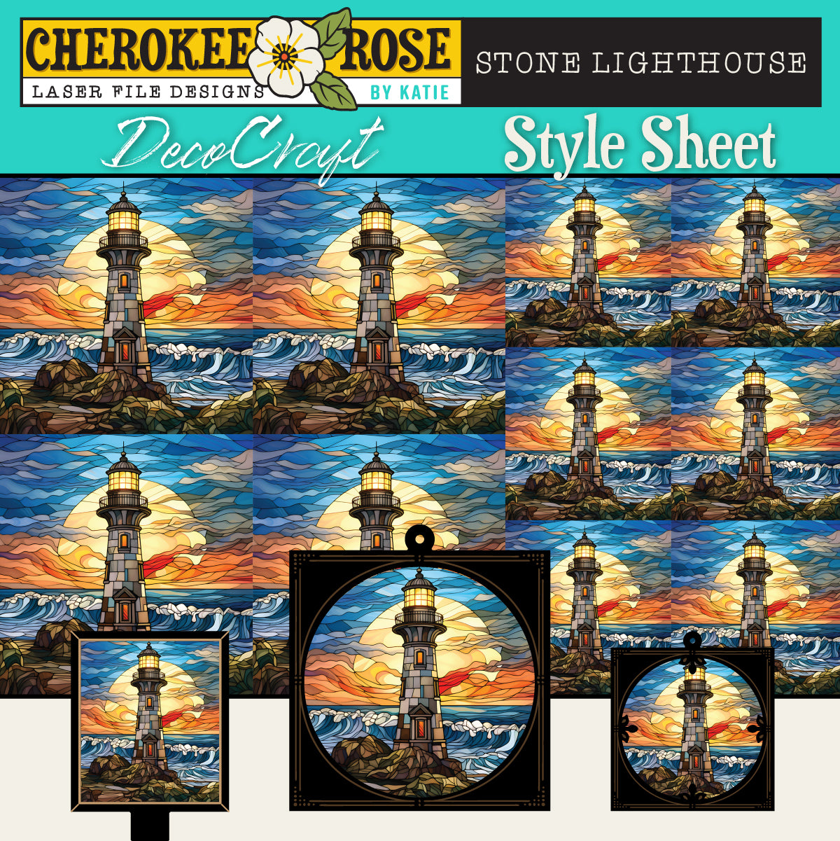 DecoCraft - Elevated Texture - Cherokee Rose - Realistic Stained Glass - Stone Lighthouse