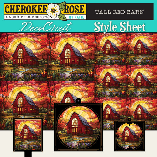 DecoCraft - Elevated Texture - Cherokee Rose - Realistic Stained Glass - Tall Red Barn