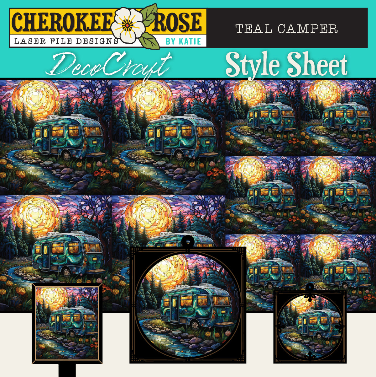 DecoCraft - Elevated Texture - Cherokee Rose - Realistic Stained Glass - Teal Camper