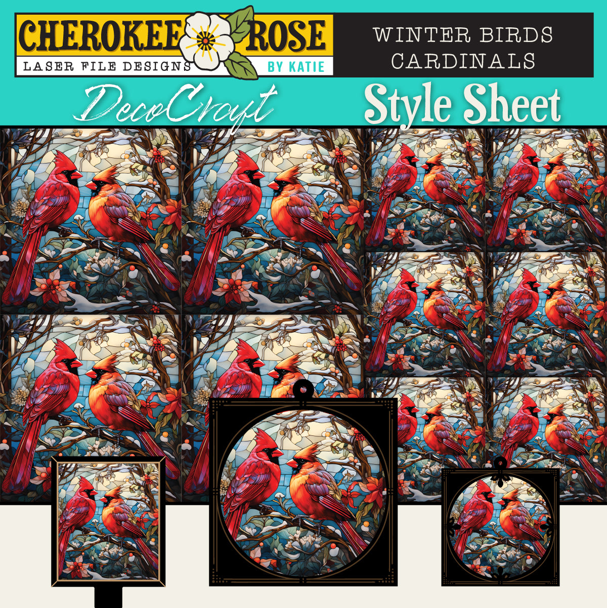 DecoCraft - Elevated Texture - Cherokee Rose - Realistic Stained Glass - Winter Birds - Cardinals