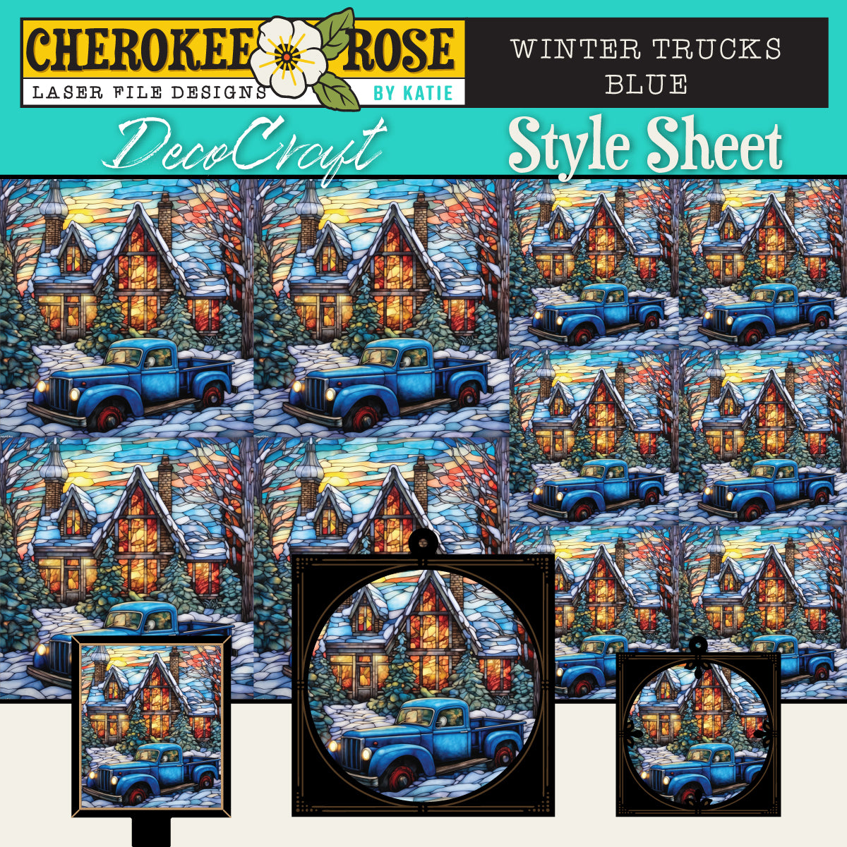DecoCraft - Elevated Texture - Cherokee Rose - Realistic Stained Glass - Winter Trucks - Blue