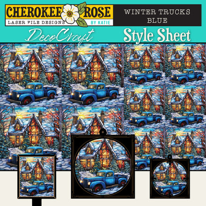 DecoCraft - Elevated Texture - Cherokee Rose - Realistic Stained Glass - Winter Trucks - Blue