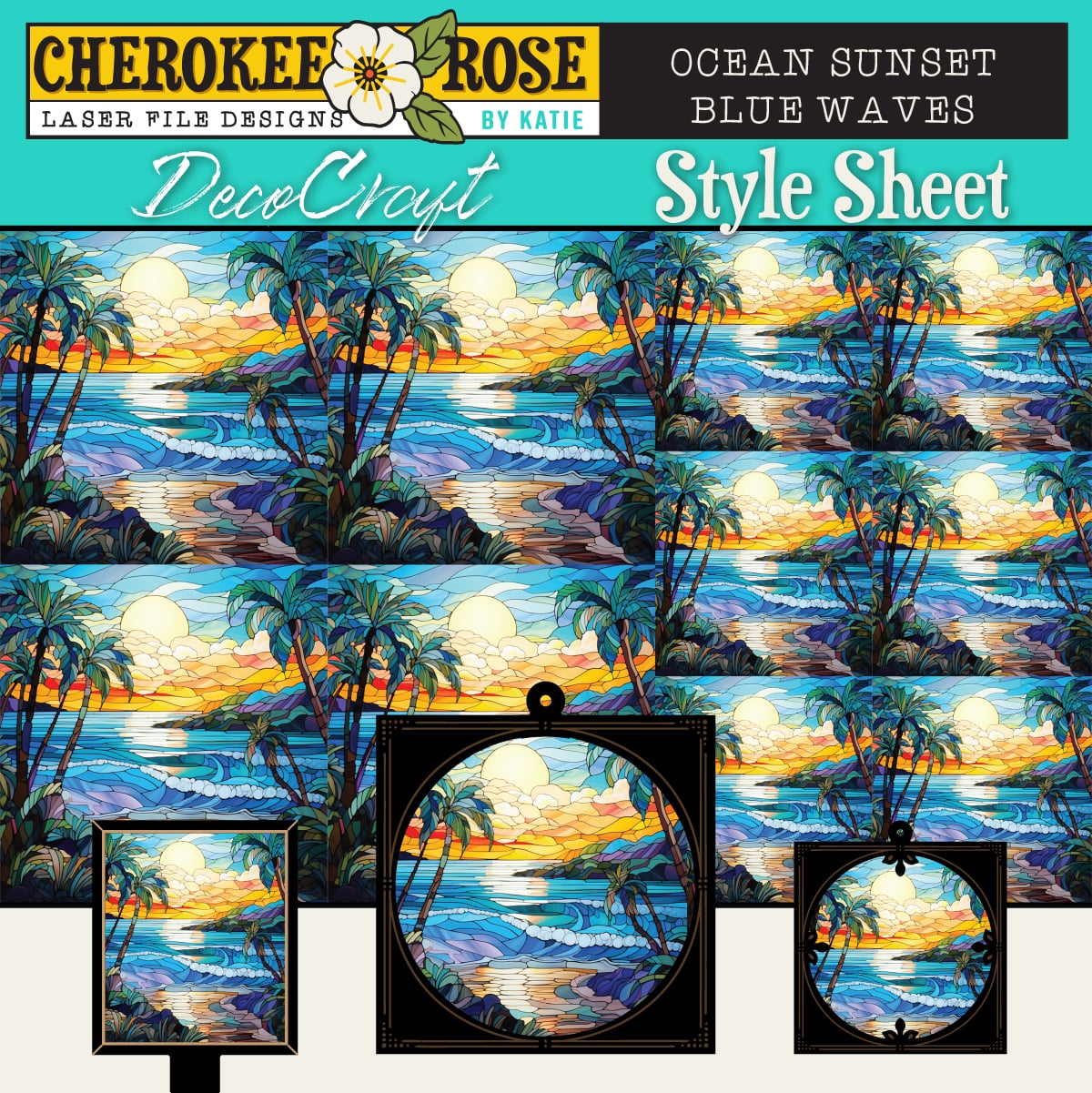 DecoCraft - Elevated Texture - Cherokee Rose - Realistic Stained Glass - Ocean Sunset - Blue Waves