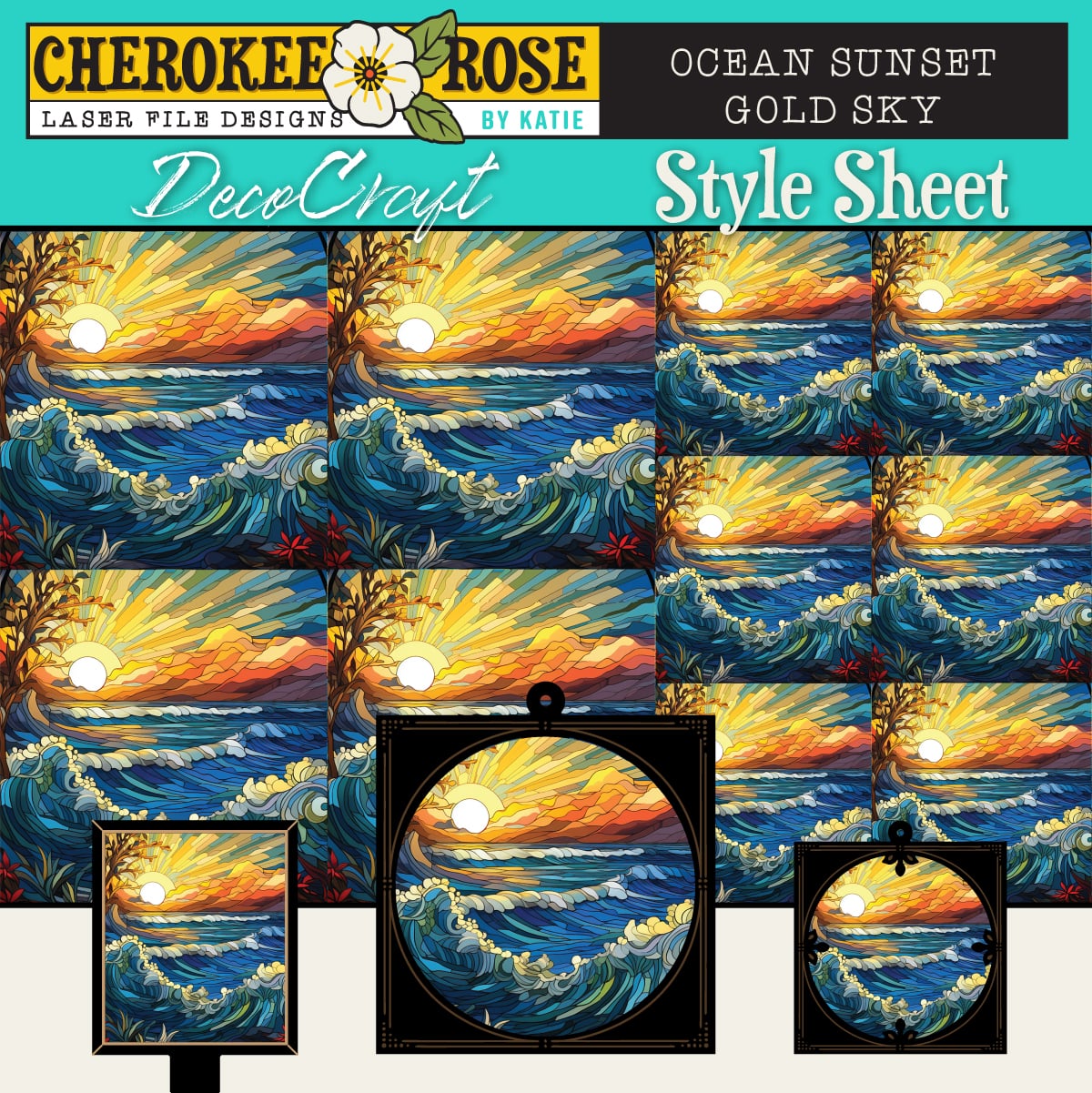 DecoCraft - Elevated Texture - Cherokee Rose - Realistic Stained Glass - Ocean Sunset - Golden Sky
